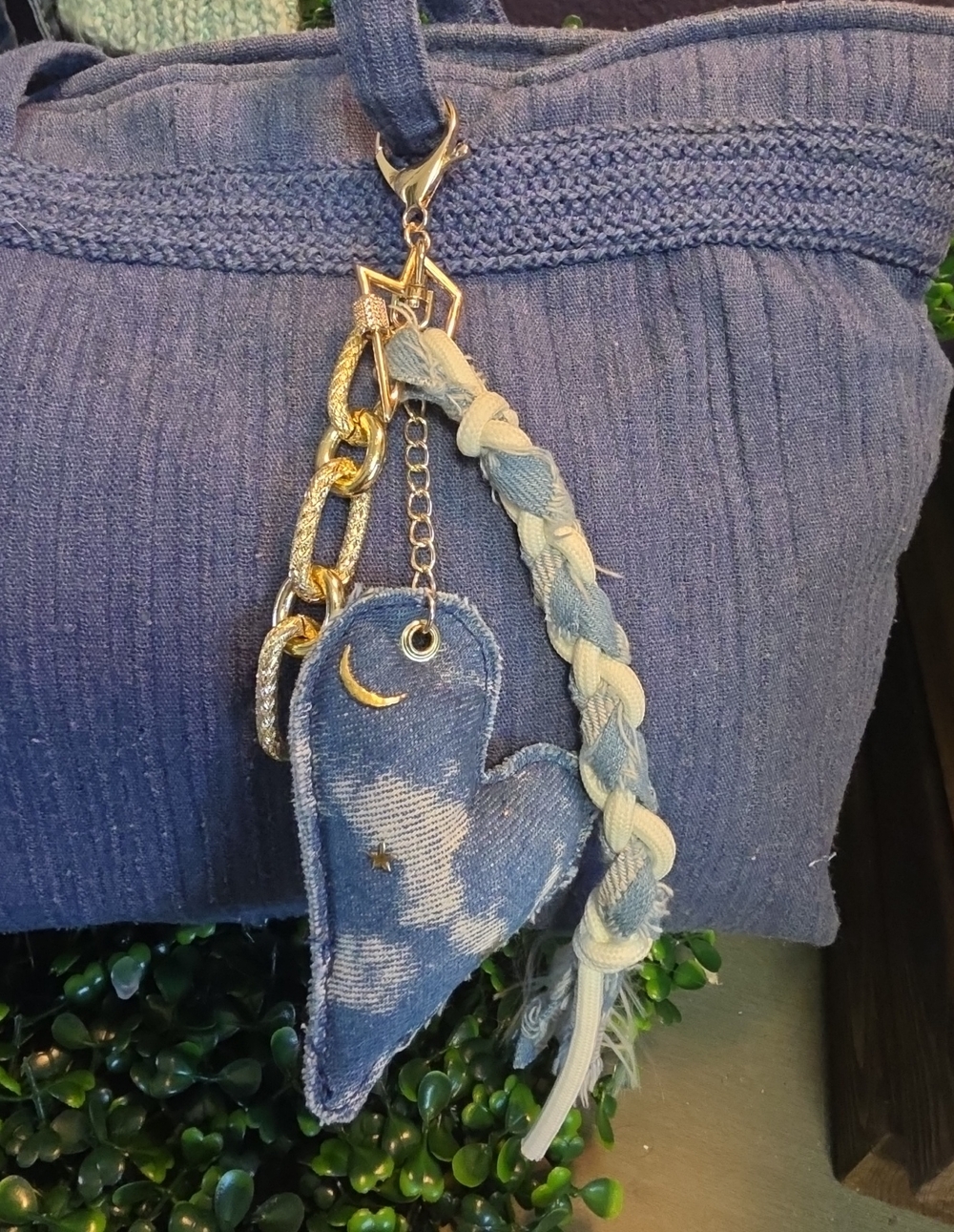 Denim Puff Heart Charm, Etched Chain &Braided Strap Bag Charm/keychain NWT